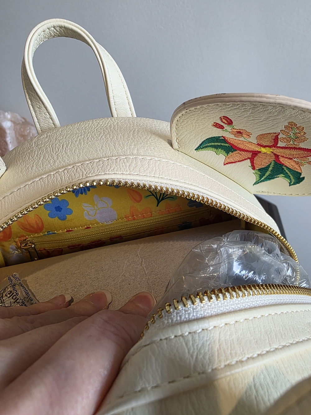 Loungefly Disney Cream Floral Embroidered Mini Backpack with Bow Ears - Picture 6 of 12